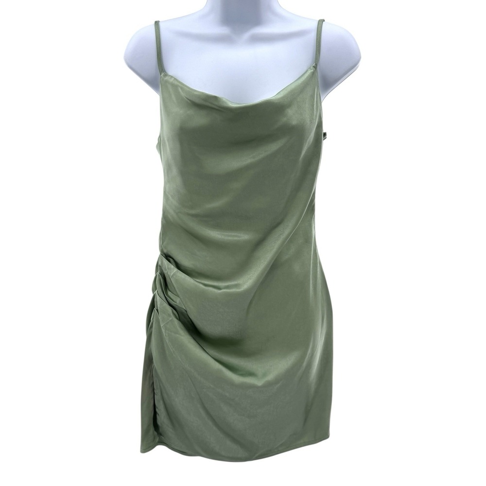 NA-KD Waterfall Draped Green Satin Cowl Mini Dress‎ Tie Back Size 34 S Going Out